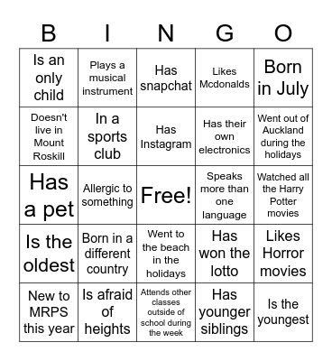 Get to know me Bingo Card