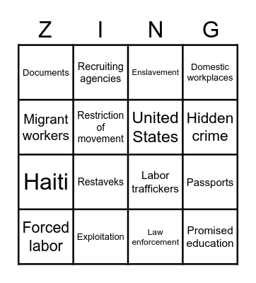 ZING Game Card Bingo Card