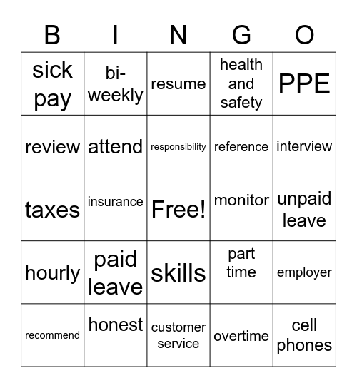 Employment Vocabulary #1 Bingo Card