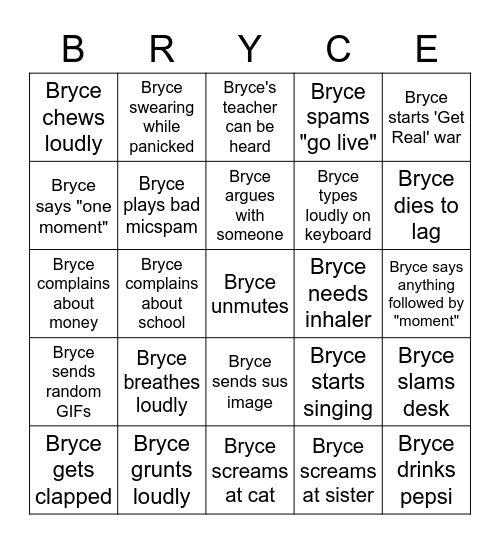 Bryce Bingo Card