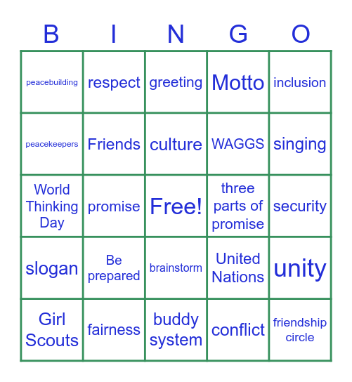Girl Scout World Thinking Day Bingo Card