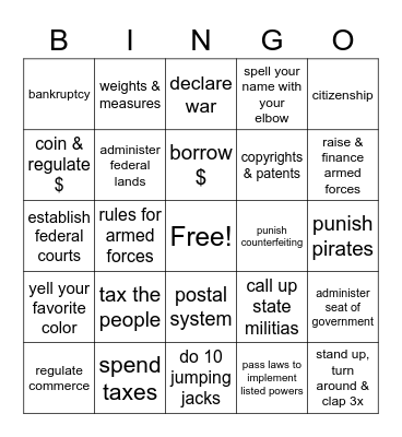 Powers of Congress Bingo Card