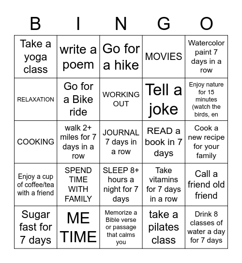 Self Care (in-person or virtual) Bingo Card