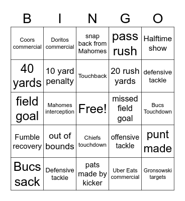 CH Super Bowl Bingo Card