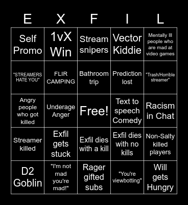Exfil Bingo Card