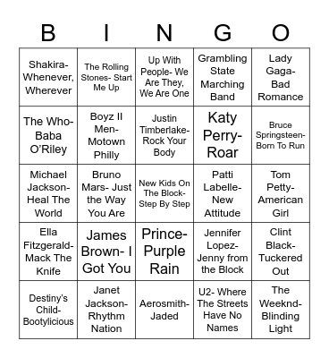 Total-Quiz.com Presents: Radio Bingo Super Bowl Halftime Show Bingo Card