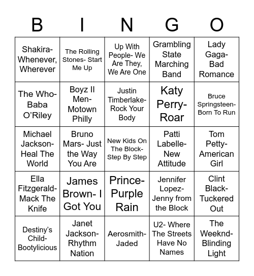 Total-Quiz.com Presents: Radio Bingo Super Bowl Halftime Show Bingo Card