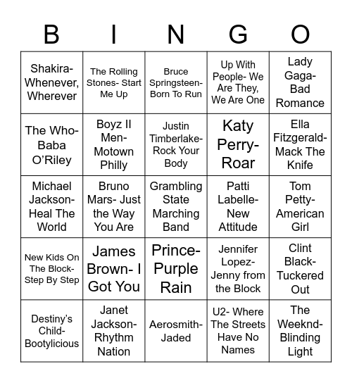 Total-Quiz.com Presents: Radio Bingo Super Bowl Halftime Show Bingo Card