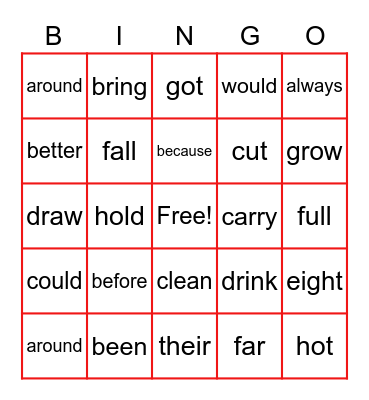 Sight Words Level -E Bingo Card