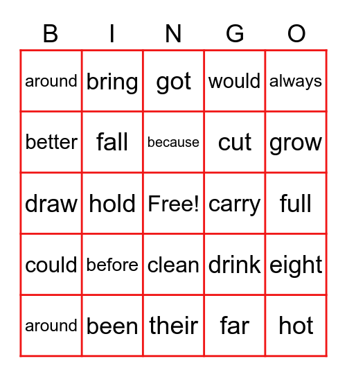Sight Words Level -E Bingo Card