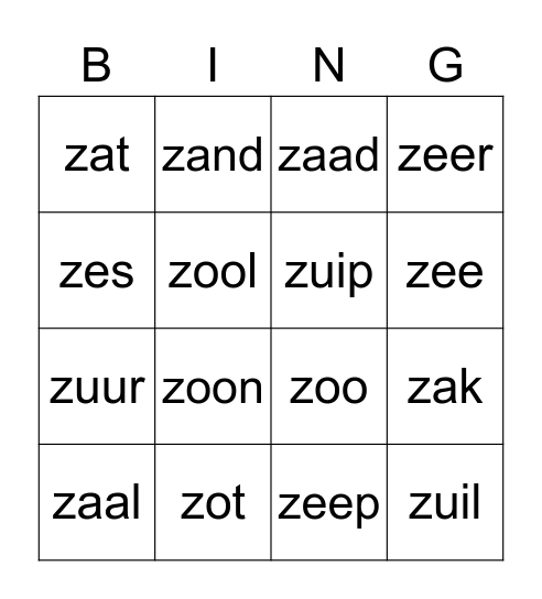 letter z Bingo Card