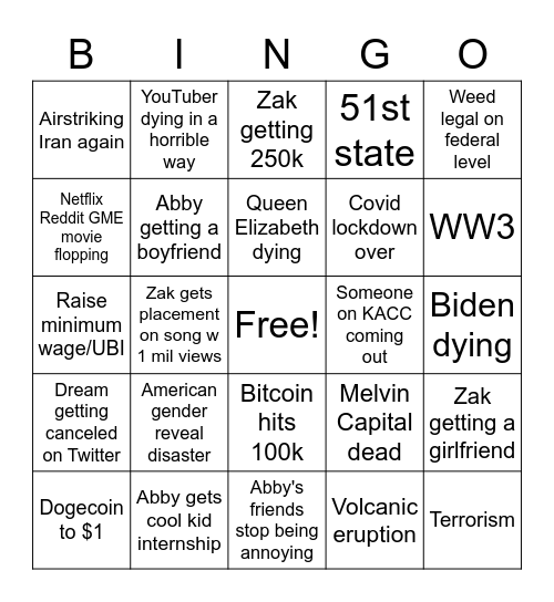 Abby n Zak 2021 Bingo Card