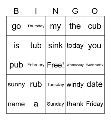 sight  words bingo Card