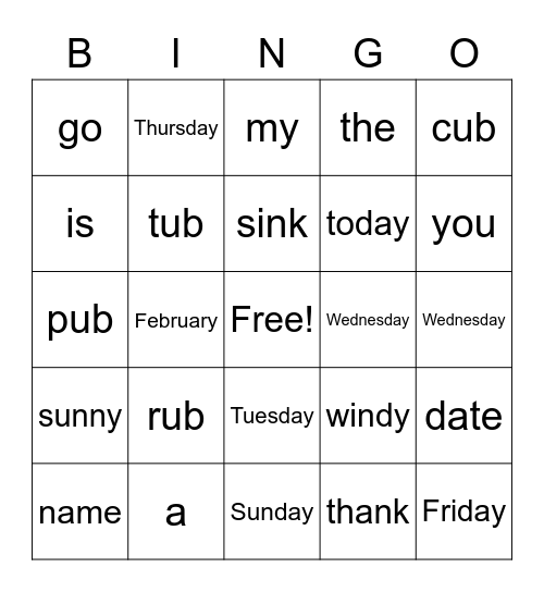 sight  words bingo Card