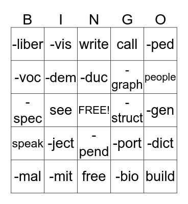 Root Word Practice Bingo Card