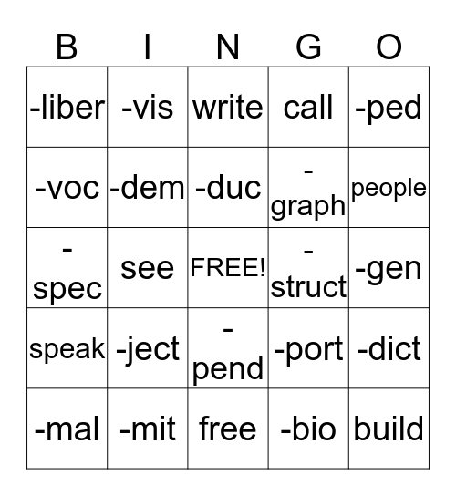 Root Word Practice Bingo Card
