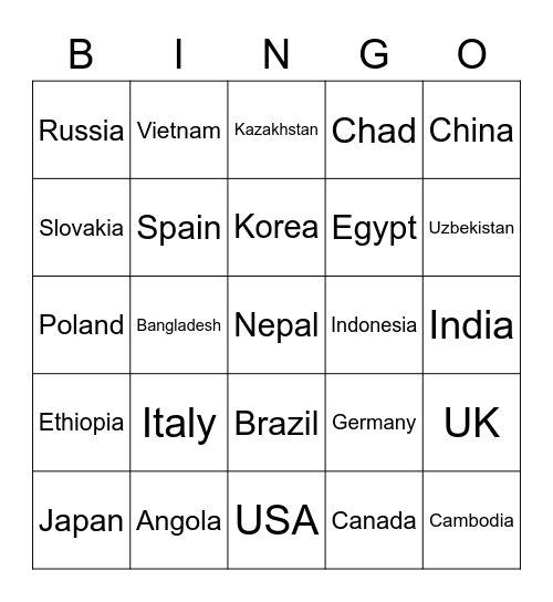 Countries Bingo Card