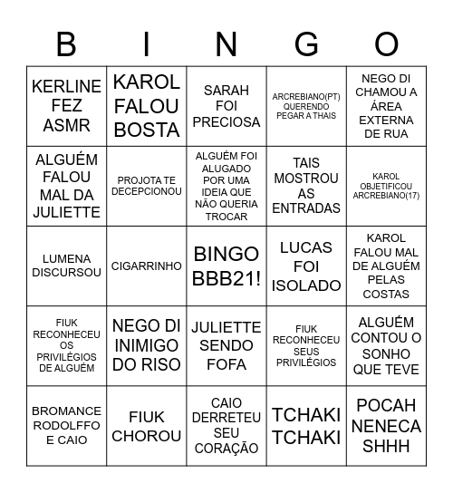 Bingo BBB21 Bingo Card