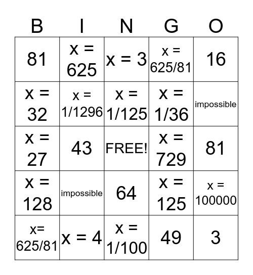 Solving Logarithmic Equations Bingo Card