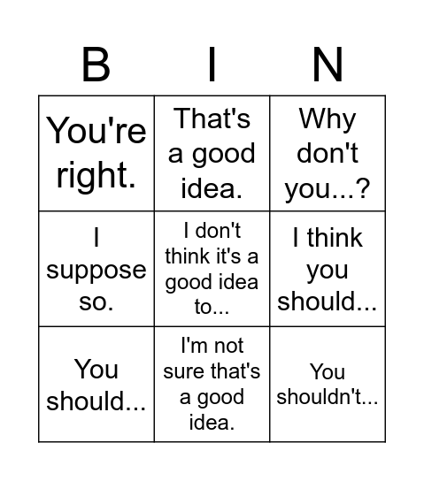 Giving/responding to advice Bingo Card