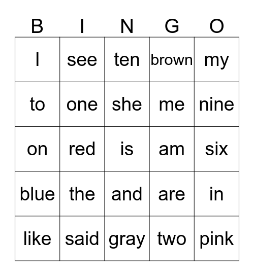 Sight Word Bingo Card