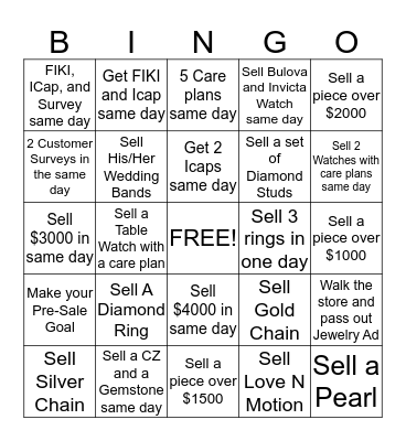 Fine Jewelry Bingo Card