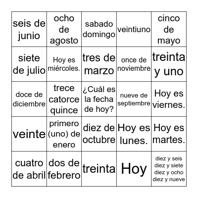 ¿Cuál es la fecha de hoy? Bingo Card