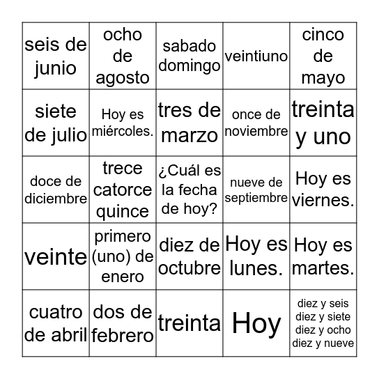 ¿Cuál es la fecha de hoy? Bingo Card