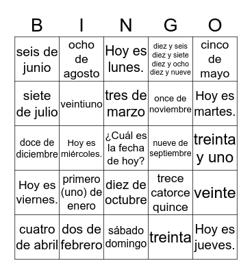 ¿Cuál es la fecha de hoy? Bingo Card