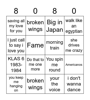 Jaren 80 Muziekbingo Card
