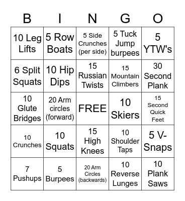 Fitness Bingo Card