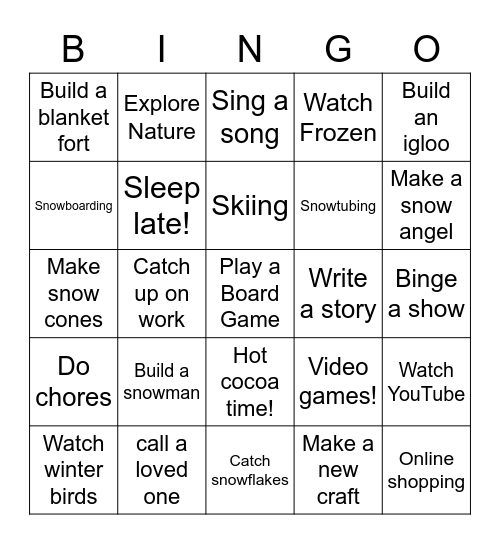 Snow Day Bingo Card