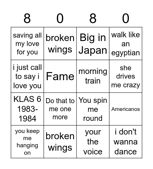 Jaren 80 Muziekbingo Card