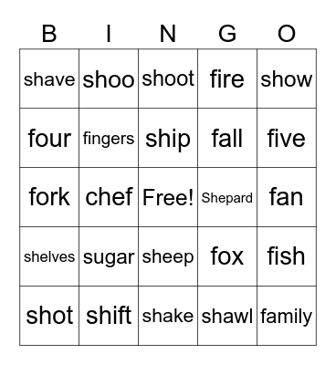 F and SH Bingo Card