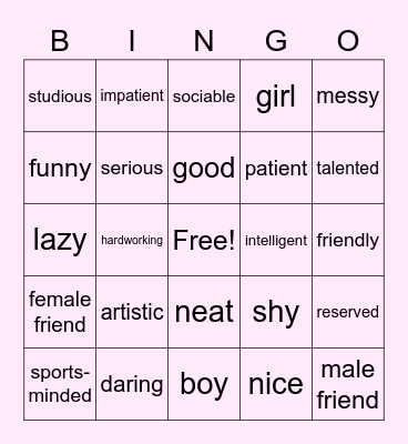 Adjectives Bingo Card