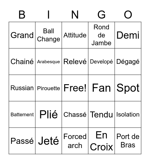 Dance Vocab 1 Bingo Card