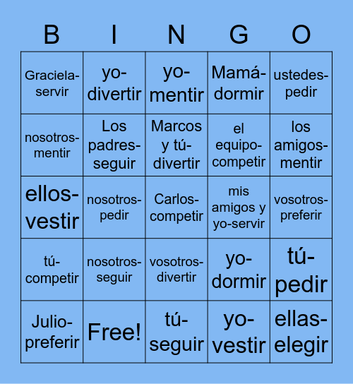 Cambios de Raíz en el Pretérito Bingo Card