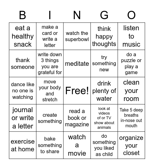 Self Care Bingo Card