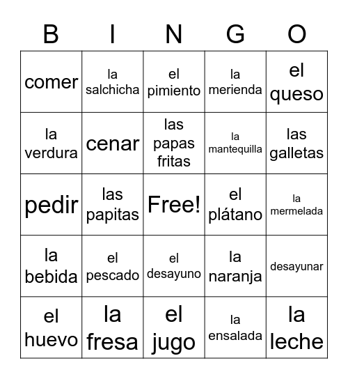 La comida Bingo Card