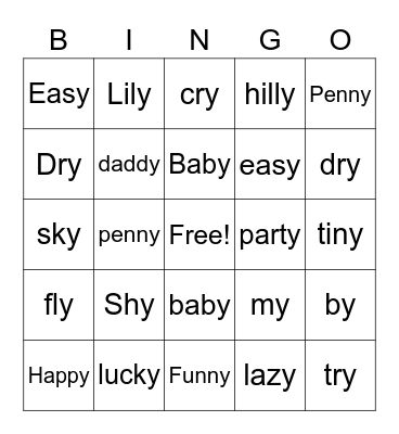 Y as a Vowel Bingo Card