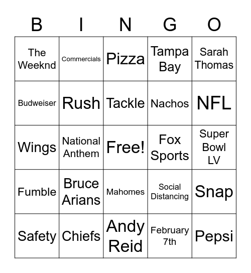 Super Bowl LV Bingo Card