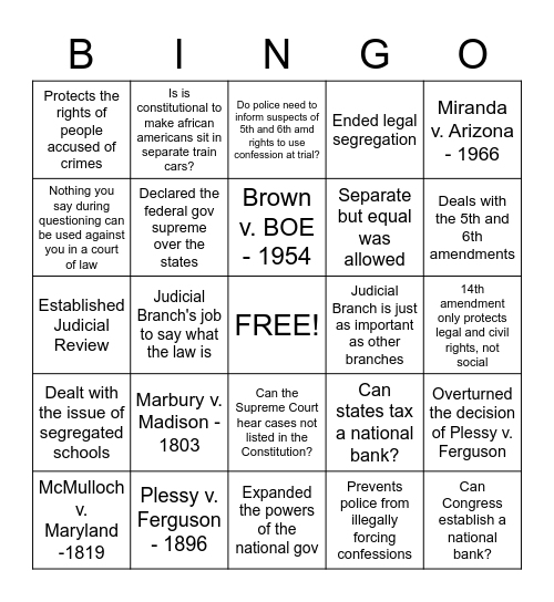 Landmark Supreme Court Cases Bingo Card