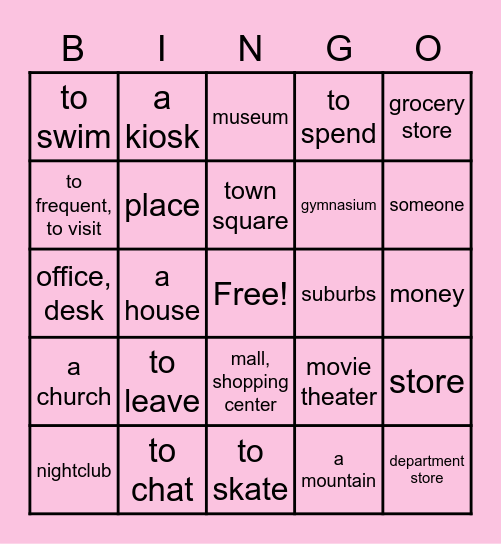 Français II 4A Vocabulaire (en anglais) Bingo Card