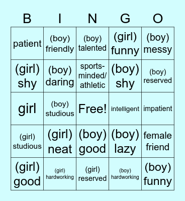 Adjectives- genders Bingo Card