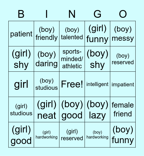 Adjectives- genders Bingo Card