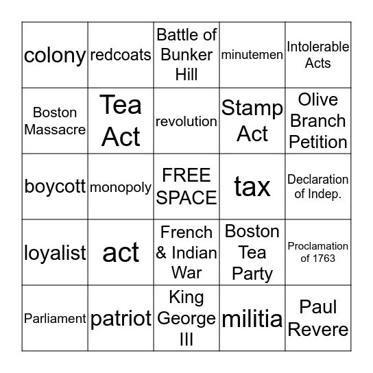 Events Leading to the Revolutionary War Bingo Card