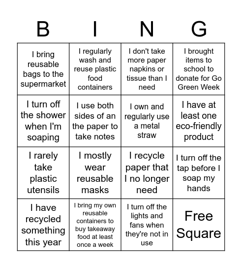 Go Green Week 2021 Bingo Card