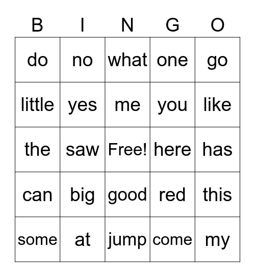 Sight Words Bingo Card