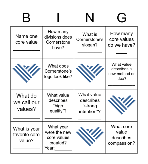 Cornerstone Core Value BINGO Card