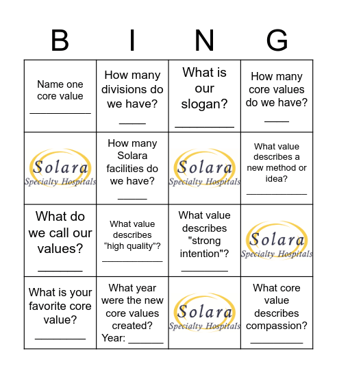 Solara Core Value BINGO Card